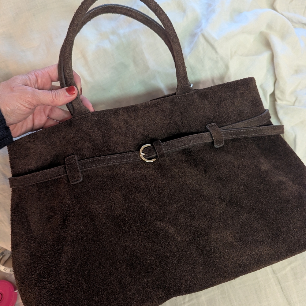 Sophisticated Chocolate Suede Satchel - Picture 11 of 13